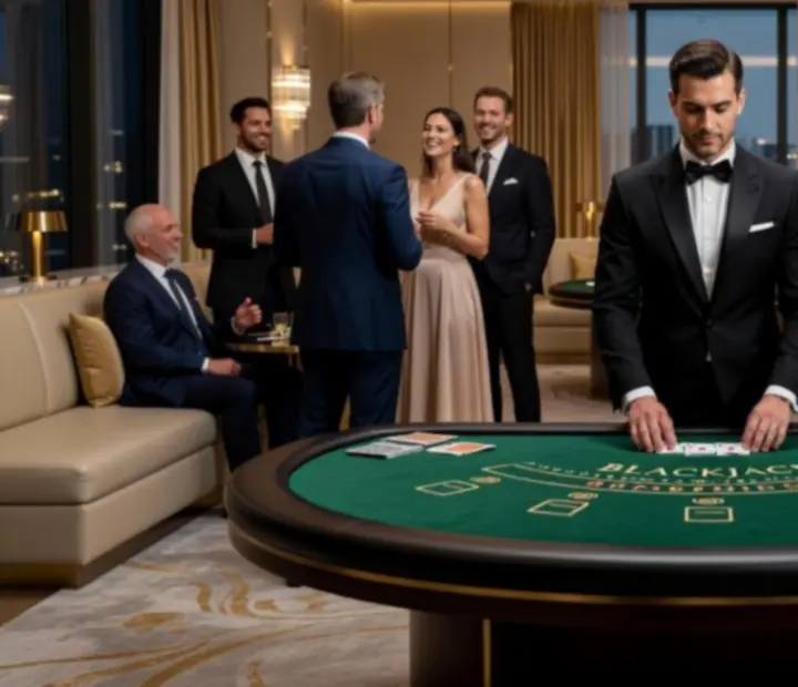 Elegantně nasvětlený blackjack stůl na večerní společenské akci