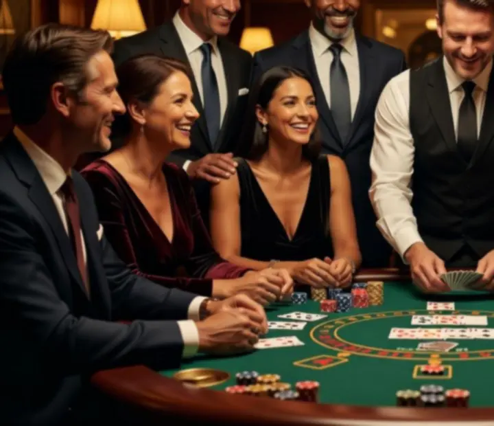 Hosté se usmívají a baví u blackjack stolu s profesionálním krupiérem