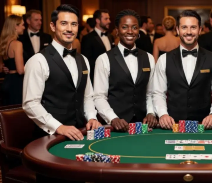 Tým profesionálních poker krupiérů v elegantním oblečení