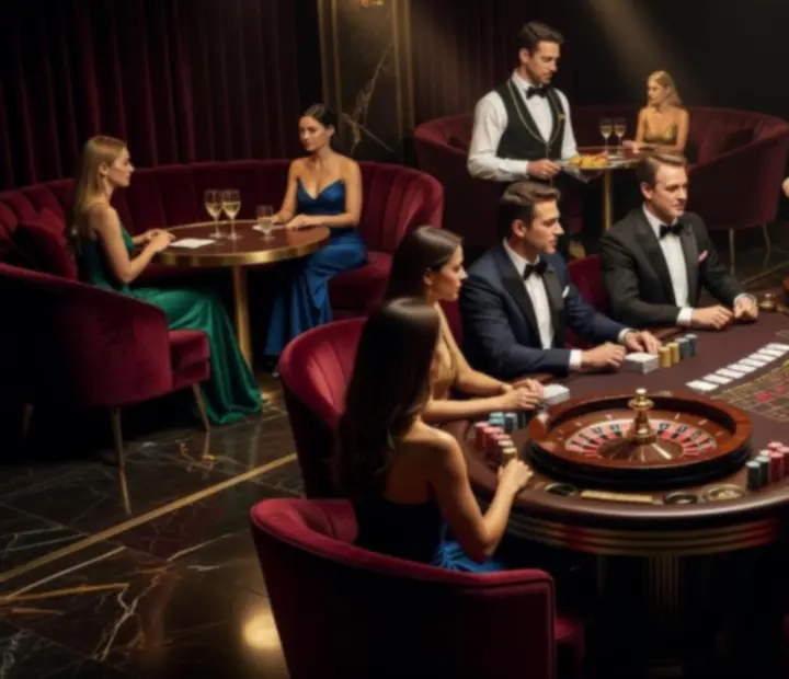 Privátní VIP lounge s elegantním nasvícením a herními stoly